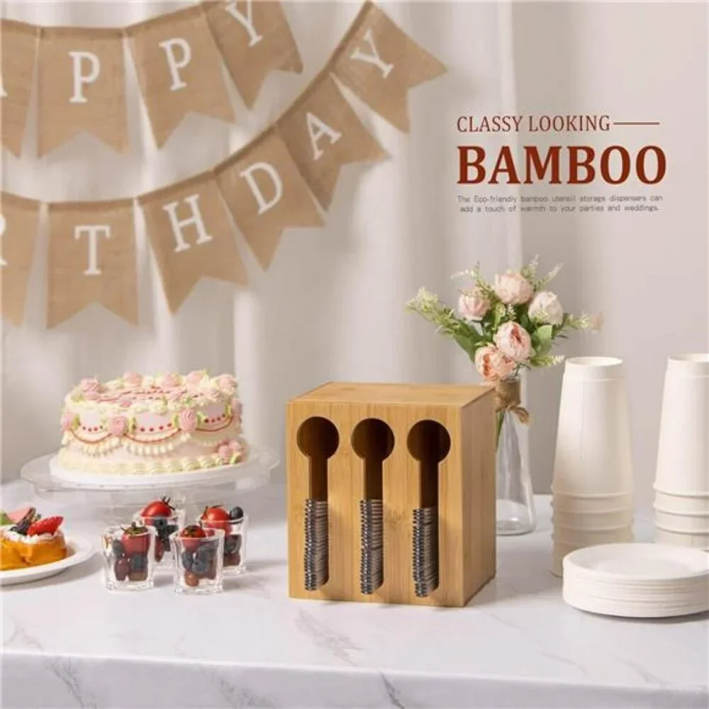 Bamboo utensil dispenser cutlery holder organizer for forks spoons knives party